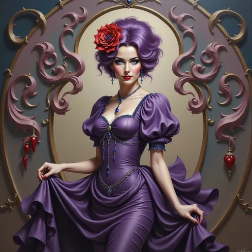 Prompt: a painting of a woman with purple hair and a red flower in her hair, wearing a purple dress, Art of Brom, gothic art, highly detailed oil painting, an ultrafine detailed painting