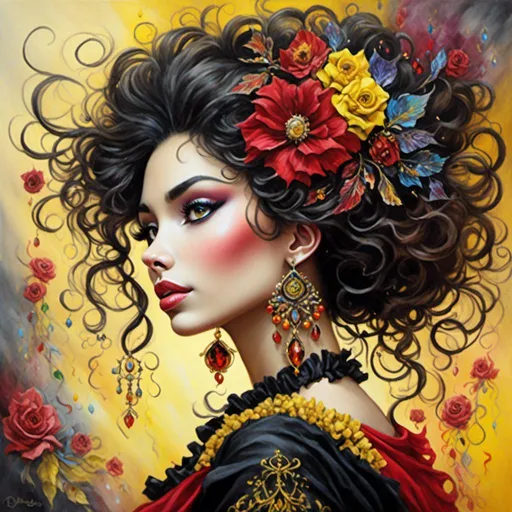 Prompt: <mymodel> beautiful woman, hair pinned up, yellow red black dress, earrings, Watercolor, trending on artstation, sharp focus, studio photo, intricate details, highly detailed, by  Josephine Wall and Jasmine Becket-Griffith