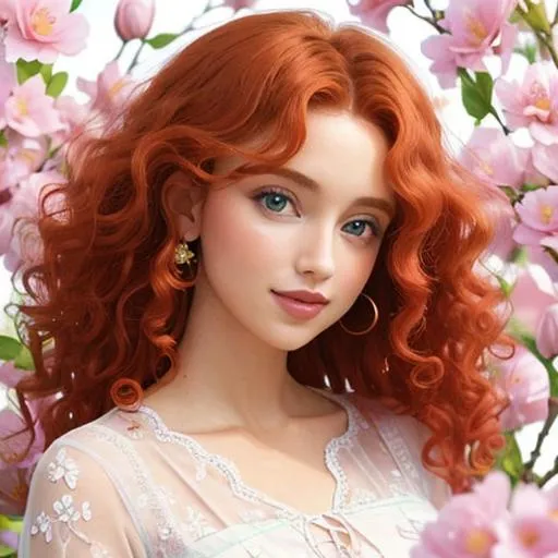 Prompt: a beautiful woman , ginger  very curly hair, lots of pretty pink flowers