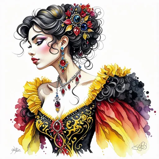 Prompt: <mymodel> beautiful woman, hair pinned up, yellow red black dress, earrings, Watercolor, trending on artstation, sharp focus, studio photo, intricate details, highly detailed, by  Josephine Wall and Jasmine Becket-Griffith