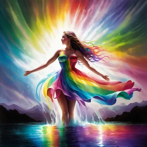 Prompt: a woman in a dress with a rainbow dress on is standing in the water with her arms outstretched and her arms spread out, artist, fantasy art, mystical colors, an airbrush painting