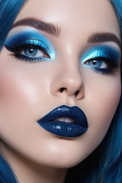 Prompt: Female emo blue bunny, blue hair, blue lipstick, glossy lips, blue eyes, blue eyeshadow, blue makeup, blue nails. realistic, detailed, full body view