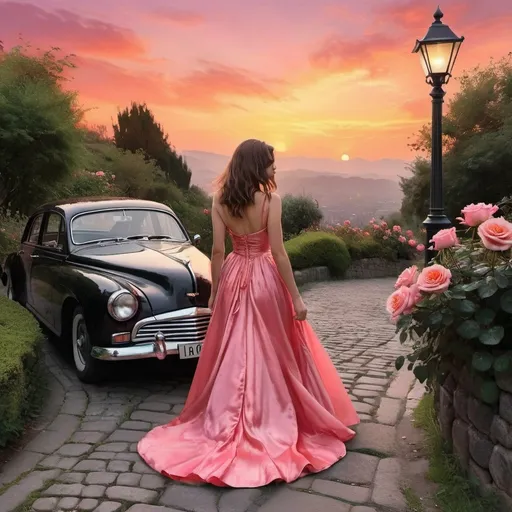 Prompt: This is a highly detailed, digital art photograph with a romantic, dreamy aesthetic. The central subject is a woman with long, wavy brown hair, seen from behind, standing on a cobblestone path. She is wearing a vibrant, floor-length, pink satin gown with a fitted bodice and a flowing, ruched skirt that pools slightly on the ground. The gown has thin straps and a subtle sheen, reflecting the warm light of the setting sun.
In front of her is a classic, red vintage car with a shiny chrome grille and round headlights, parked on the cobblestone path. The car's license plate reads "26B 8003." The path is flanked by lush, green bushes and colorful pink roses in full bloom, adding a touch of natural beauty. On either side of the path, there are black, vintage-style street lamps with glowing yellow light, casting a warm, soft glow.
In the background, there is a serene, mountainous landscape with rolling hills and a vivid orange and pink sunset sky, with scattered clouds. A small red bird is flying in the sky, adding a sense of motion and liveliness to the scene. The overall composition is romantic and nostalgic, evoking a sense of timeless elegance and beauty.