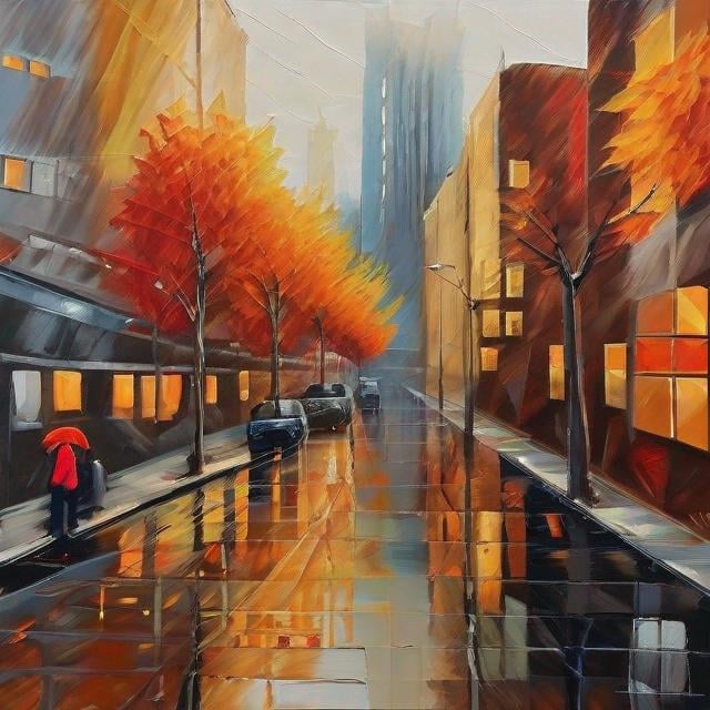 Prompt: expressionism art, cityscape, autumn
