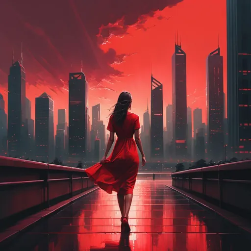 Prompt: a woman in a red dress is walking in front of a city skyline with skyscrapers and a red sky, Alena Aenami, figurative art, highly detailed digital painting, a digital painting