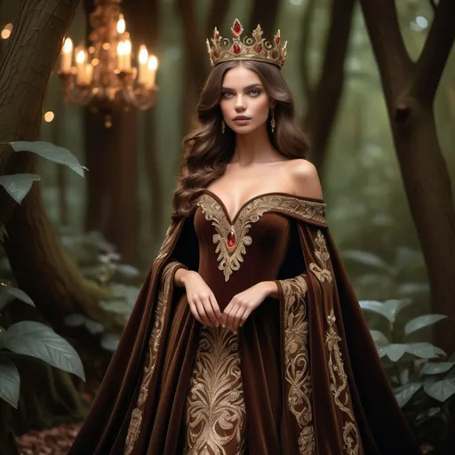 Prompt: Cocoa princess, rich chocolate tones, elegant gown with intricate details, regal crown adorned with gems, luxurious velvet cape, enchanting forest setting, warm and soft lighting, high quality, royal fantasy, detailed embroidery, majestic, opulent, graceful, royal, warm lighting