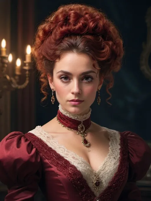 Prompt: Powerful Victorian woman with voluminous wine-red curly updo, elegant Victorian attire, detailed lace, regal posture, intricate jewelry, luxurious fabric, intense gaze, oil painting, high quality, Victorian era, regal, detailed hair, elegant, luxurious, intense gaze, detailed lace, oil painting, atmospheric lighting