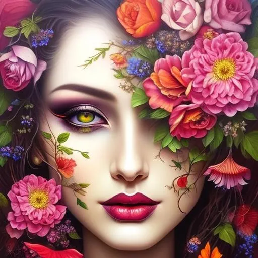 Prompt: Beautiful  hybrid woman with flowers sprouting from her, oil painting, detailed fiery eyes, ethereal glow, dark and mysterious, high quality, vibrant colors, surreal, haunting, intricate floral details, intense gaze, mystical atmosphere, oil painting, demon, hybrid, fiery eyes, ethereal, vibrant colors, surreal, haunting, floral details, intense gaze, mystical atmosphere