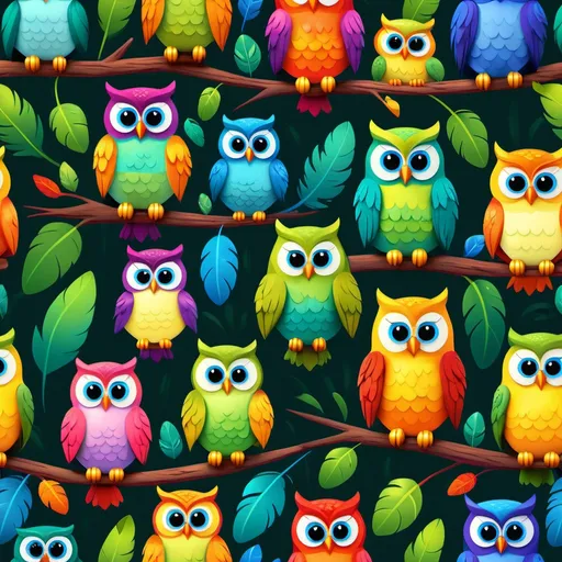 Prompt: Cartoon-style illustration of adorable owls, vibrant and colorful feathers, playful and expressive facial features, whimsical woodland setting, lush and vibrant vegetation, high quality, vibrant colors, cute, cartoon style, playful, whimsical, vibrant lighting