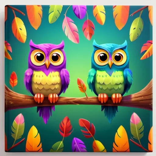 Prompt: Cartoon-style illustration of adorable owls, vibrant and colorful feathers, playful and expressive facial features, whimsical woodland setting, lush and vibrant vegetation, high quality, vibrant colors, cute, cartoon style, playful, whimsical, vibrant lighting