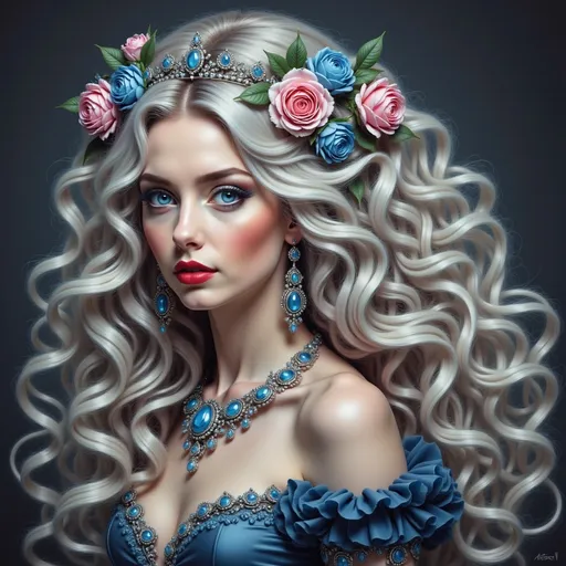 Prompt: a woman with long hair and a tiara with roses on her head and a blue dress with a rose on her shoulder, Anna Dittmann, fantasy art, highly detailed digital painting, a photorealistic painting