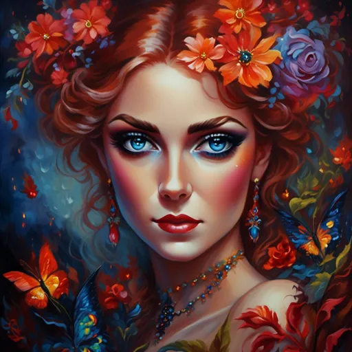 Prompt: <mymodel>Nataasha-Beautiful woman with flowers, oil painting, detailed fiery eyes, ethereal glow, dark and mysterious, high quality, vibrant colors, surreal, haunting, intricate floral details, intense gaze, mystical atmosphere, oil painting, demon, hybrid, fiery eyes, ethereal, vibrant colors, surreal, haunting, floral details, intense gaze, mystical atmosphere