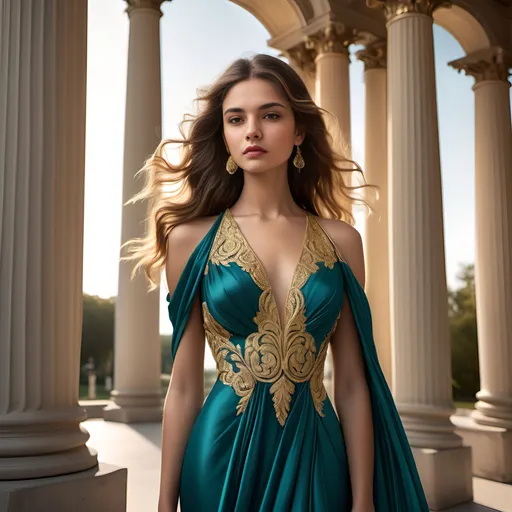 Prompt: Draped in a stunning teal gown adorned with intricate gold embroidery, a poised young woman stands gracefully in an elegant outdoor setting, framed by classical columns that evoke a sense of grandeur. The dress features a daring slit that accentuates her confident stance, while her long, flowing hair cascades down her shoulders, glinting under soft sunlight. Atop her head, a floral crown made of vibrant blue flowers adds a whimsical touch, harmonizing beautifully with the surrounding natural landscape of rolling hills in the background. The scene is imbued with a serene elegance, capturing a moment that blends fashion and nature in perfect harmony.