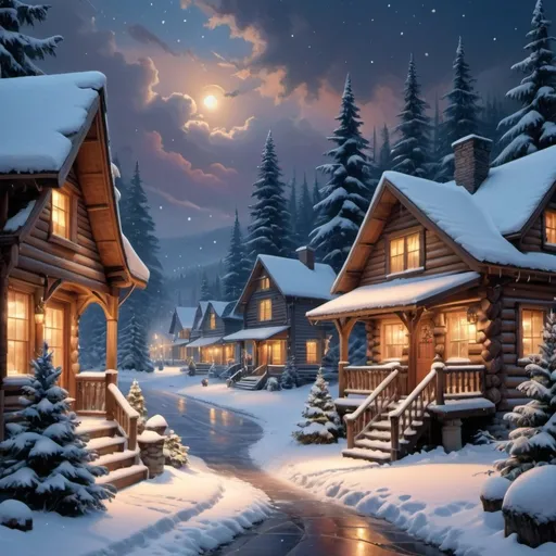 Prompt: A charming, scenic Christmas scene unfolds, capturing a tranquil winter evening blanketed in soft, powdery snow. The sky is painted in deep shades of twilight blue, as delicate snowflakes dance softly to the ground, twinkling under the glow of vintage street lamps. A cozy log cabin with smoke curling from its chimney nestles amidst tall, frosted evergreens adorned with colorful ornaments and shimmering lights. In the foreground, a family of four, bundled in warm scarves and hats, joyfully builds a snowman, their cheeks rosy from the cold, laughter echoing in the crisp air. Large, colorful gift boxes are scattered around, their ribbons catching the magical light of the festive surroundings. This picturesque scene is best conveyed in a warm, cinematic lighting style, emphasizing the joyful spirit of the holiday season.