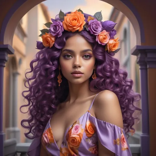 Prompt: Radiating an enchanting charm, the young woman gazes intently, her deep auburn skin complemented by a cascade of luscious, vibrant purple curls crowned with a floral headpiece adorned with orange and pink roses. She wears an elegant, low-cut dress in shades of lavender and orange, embellished with intricate floral designs, accentuating her graceful posture. Behind her, a soft, ethereal backdrop of archways and light hints at a historical or fantastical setting, bathed in warm, inviting tones reminiscent of a sunlit afternoon. The play of light highlights her expressive features, conveying a mood of both confidence and allure, as if she were a character stepping out from a rich, imaginative tale.