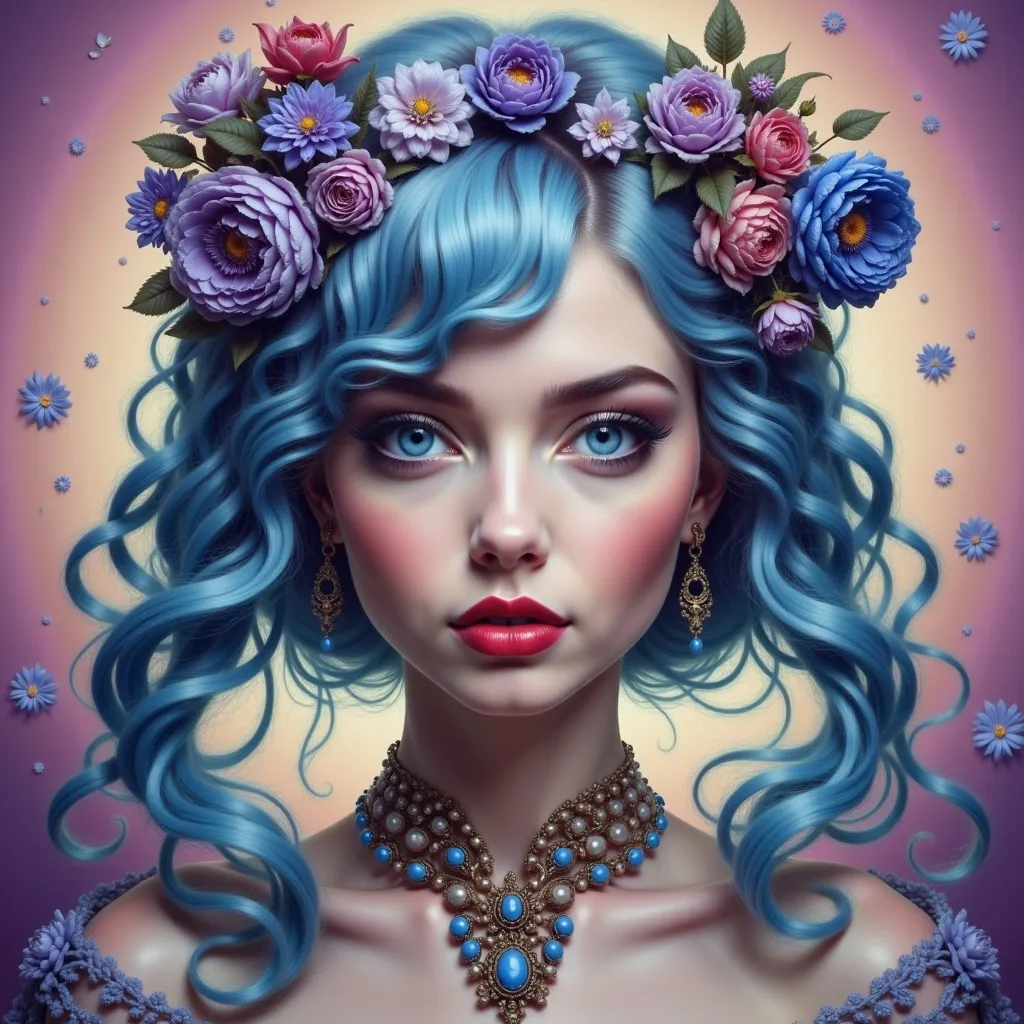 Prompt: a painting of a girl with blue hair and flowers on her head and chest, with a purple background, Anna Dittmann, psychedelic art, highly detailed digital painting, a detailed painting