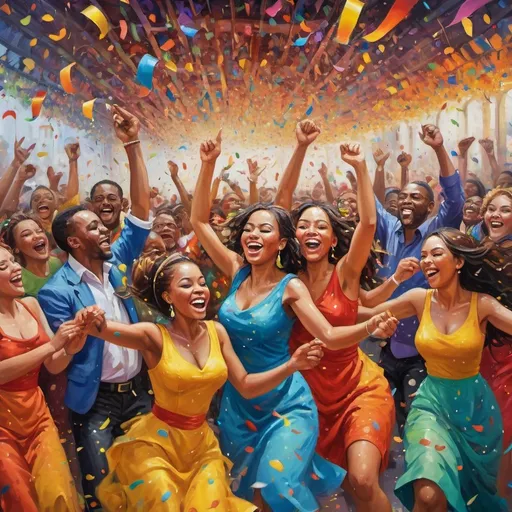 Prompt: Joyous celebration in a vibrant carnival, lively and colorful, oil painting, confetti-filled air, cheerful crowd, dynamic brushstrokes, high energy, festive atmosphere, vibrant colors, lively characters, dynamic composition, carnival art, oil painting, 4k, ultra-detailed, vibrant, dynamic brushstrokes, lively, festive, colorful, high energy, oil painting, dynamic composition