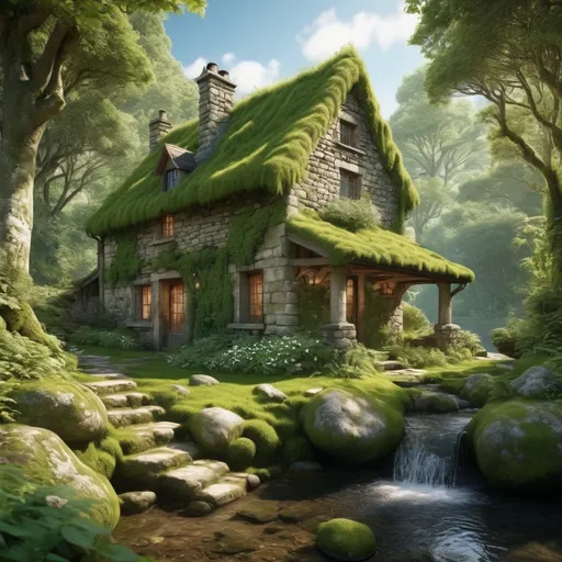 Prompt:  a majestic ancient stone cottage moss-covered , lush greenery, serene river flowing underneath