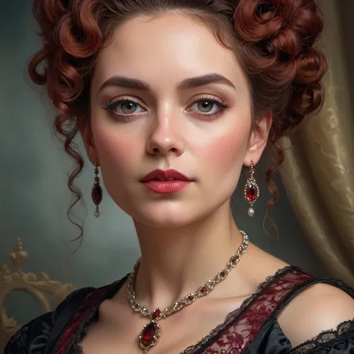 Prompt: <mymodel> Powerful Victorian woman with voluminous wine-red curly updo, elegant Victorian attire, detailed lace, regal posture, intricate jewelry, luxurious fabric, intense gaze, oil painting, high quality, Victorian era, regal, detailed hair, elegant, luxurious, intense gaze, detailed lace, oil painting, atmospheric lighting