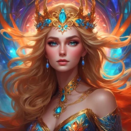 Prompt: <mymodel>Detailed digital painting of a powerful woman, vibrant colors, magical fantasy setting, flowing hair with intricate details, intense and confident expression, ethereal and mystical atmosphere, high quality, digital painting, fantasy, vibrant colors, flowing hair, powerful, confident, mystical, atmospheric lighting