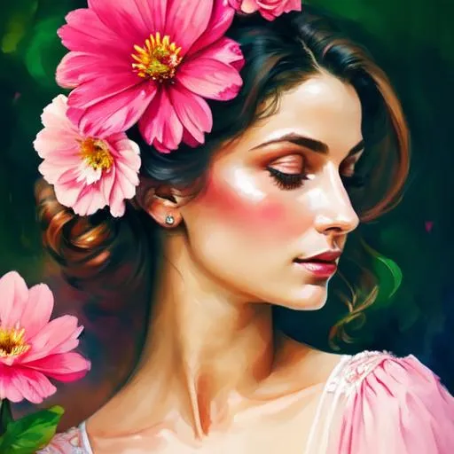 Prompt: a beautiful woman , lots of pretty pink flowers