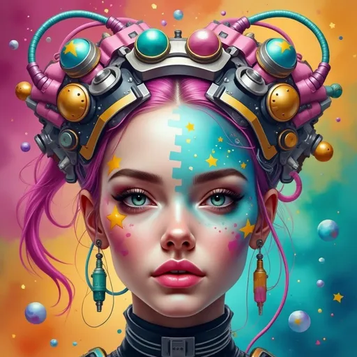 Prompt: This is a highly detailed, digitally created portrait of a young woman with a futuristic, cyberpunk aesthetic. The subject has a fair skin tone, striking green eyes, and vivid pink hair styled in a high ponytail. Her face is adorned with a symmetrical pattern of blue and yellow star-like spots on her left cheek. She wears an elaborate, high-tech headpiece made of metallic components and colorful orbs, including teal, pink, and gold, which resemble futuristic goggles or a helmet. The headpiece has various tubes and wires extending from it, adding to the cybernetic appearance. Her lips are full and painted a soft pink, matching her hair. The background is a vibrant, abstract gradient of orange, pink, blue, and green, with floating bubbles and star-like dots, giving a sense of space or a cosmic environment. The overall style is hyper-realistic with a strong influence of sci-fi and fantasy genres, characterized by its bright colors, intricate details, and futuristic elements. The image exudes a sense of otherworldliness and advanced technology, blending human beauty with mechanical and cosmic elements seamlessly.