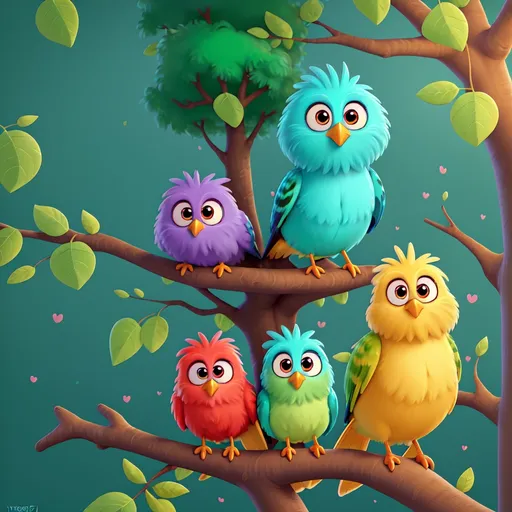 Prompt: Cartoon illustration of birds in a tree, vibrant colors, warm atmosphere, big expressive eyes, high quality, vibrant colors, cute cartoon, detailed fur, playful, whimsical, warm lighting