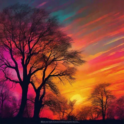 Prompt: A colorful sunset peeking between trees, vibrant colors, high quality, digital painting, detailed tree silhouettes, warm and intense glow, nature, landscape, scenic, sunset, vibrant colors, high contrast, digital art, detailed, atmospheric lighting