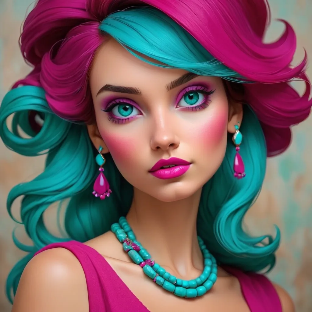 Prompt: A pretty lady, magenta and turquoise
