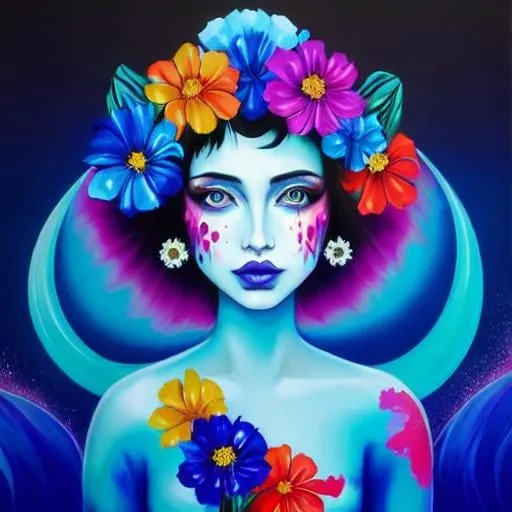 Prompt: Flower Siren graffiti art, splash art, street art, spray paint, oil gouache melting, acrylic, high contrast, colorful polychromatic, ultra detailed, ultra quality, CGSociety