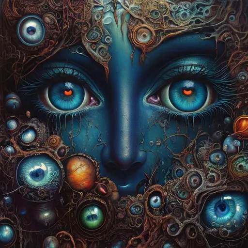 Prompt: Surreal painting of mysterious eyes, oil painting, dreamlike atmosphere, large canvas, vibrant and mesmerizing colors, intricate details, high quality, surrealism, oil painting, dreamlike atmosphere, vibrant colors, detailed eyes, large canvas, professional lighting