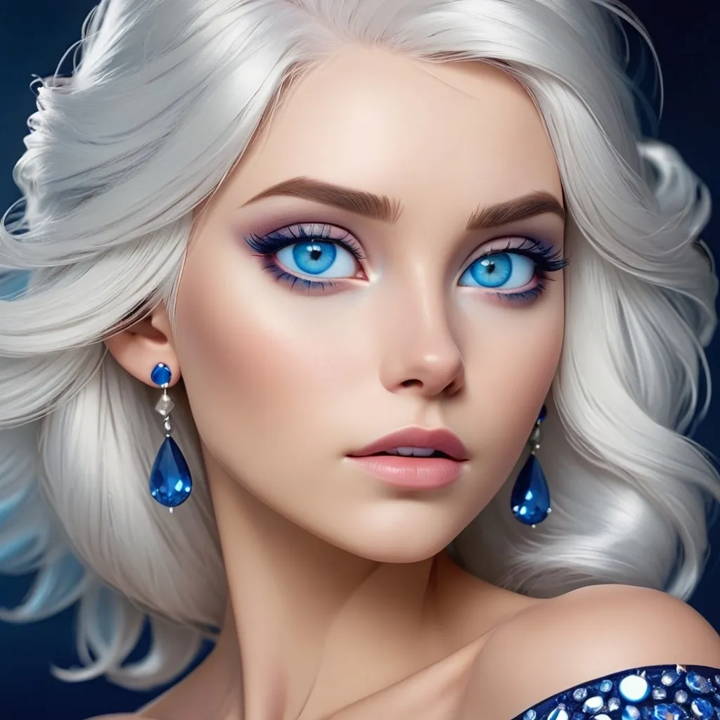 Prompt: A beautiful woman, white hair, blue eyes, blue eyeshadow, blue jewels o