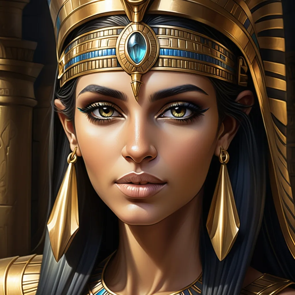 Prompt: An ancient Egyptian princess with a gold headpiece, Anne Stokes, fantasy art, highly detailed digital painting, egyptian art