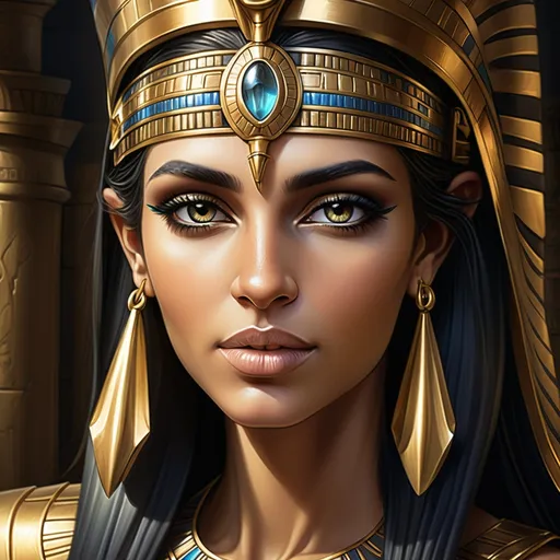 Prompt: An ancient Egyptian princess with a gold headpiece, Anne Stokes, fantasy art, highly detailed digital painting, egyptian art