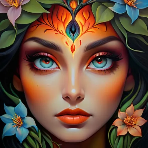 Prompt: Beautiful  hybrid woman with flowers sprouting from her, oil painting, detailed fiery eyes, ethereal glow, dark and mysterious, high quality, vibrant colors, surreal, haunting, intricate floral details, intense gaze, mystical atmosphere, oil painting, demon, hybrid, fiery eyes, ethereal, vibrant colors, surreal, haunting, floral details, intense gaze, mystical atmosphere