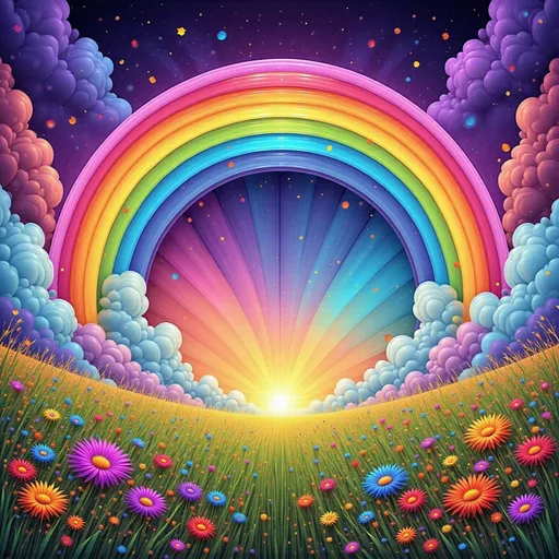 Prompt: a rainbow in the sky with stars and flowers around it and a field of grass and flowers below it, Andries Stock, magical realism, mystical colors, a storybook illustration