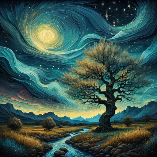 Prompt: a painting of a tree with a stream running through it and a sky filled with stars and clouds above it, Van Gogh sky, Dan Mumford, psychedelic art, intricate oil painting, a detailed painting