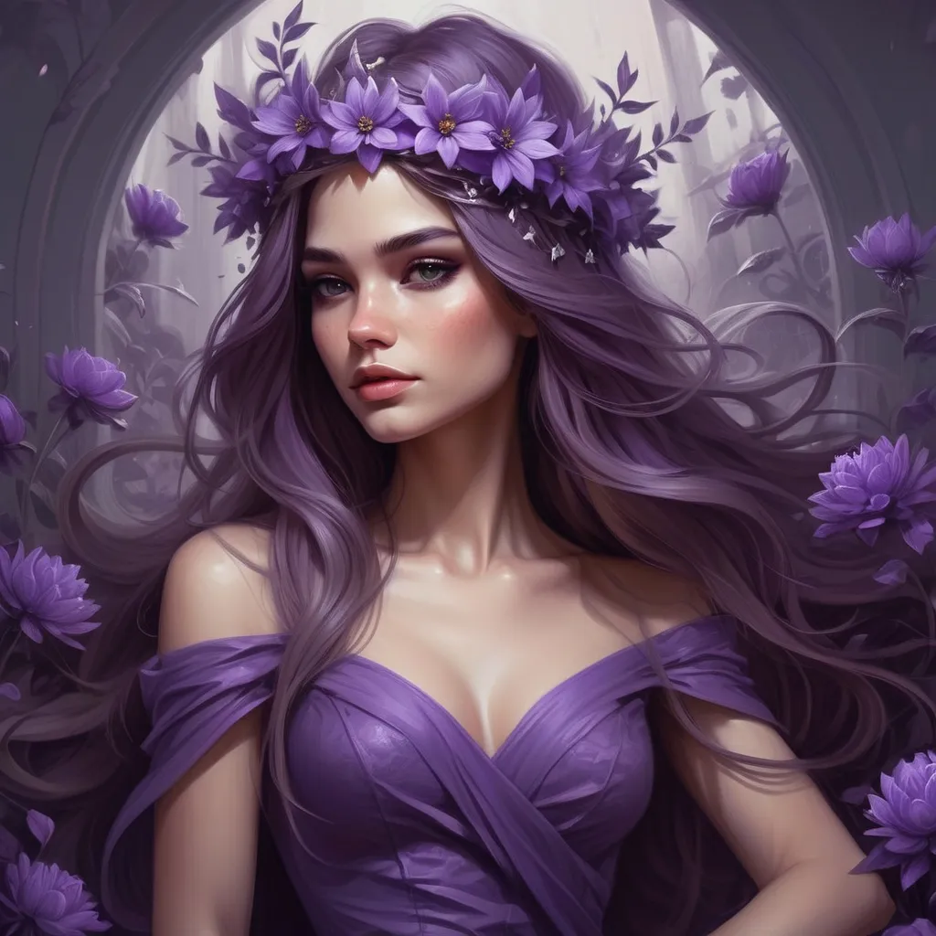 Prompt: <mymodel> a beautiful woman with long hair wearing a crown of flowers on her head and a purple dress with a purple dress, Charlie Bowater, fantasy art, fantasy character portrait, a detailed painting