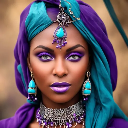 Prompt: A beautiful woman in shades of purple wearing turquoise jewelry