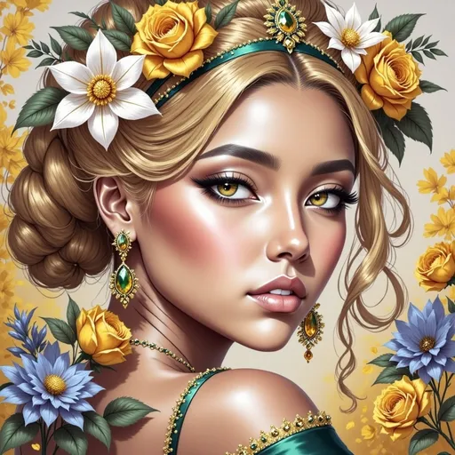 Prompt: a woman wearing a green hat and green jewelry with a flower on her head and a green dress and necklace, Artgerm, fantasy art, highly detailed digital painting, a detailed painting