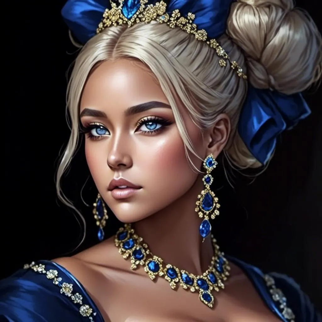 Prompt: <mymodel>A beautiful woman, white hair, blue eyes, blue eyeshadow, blue jewels o