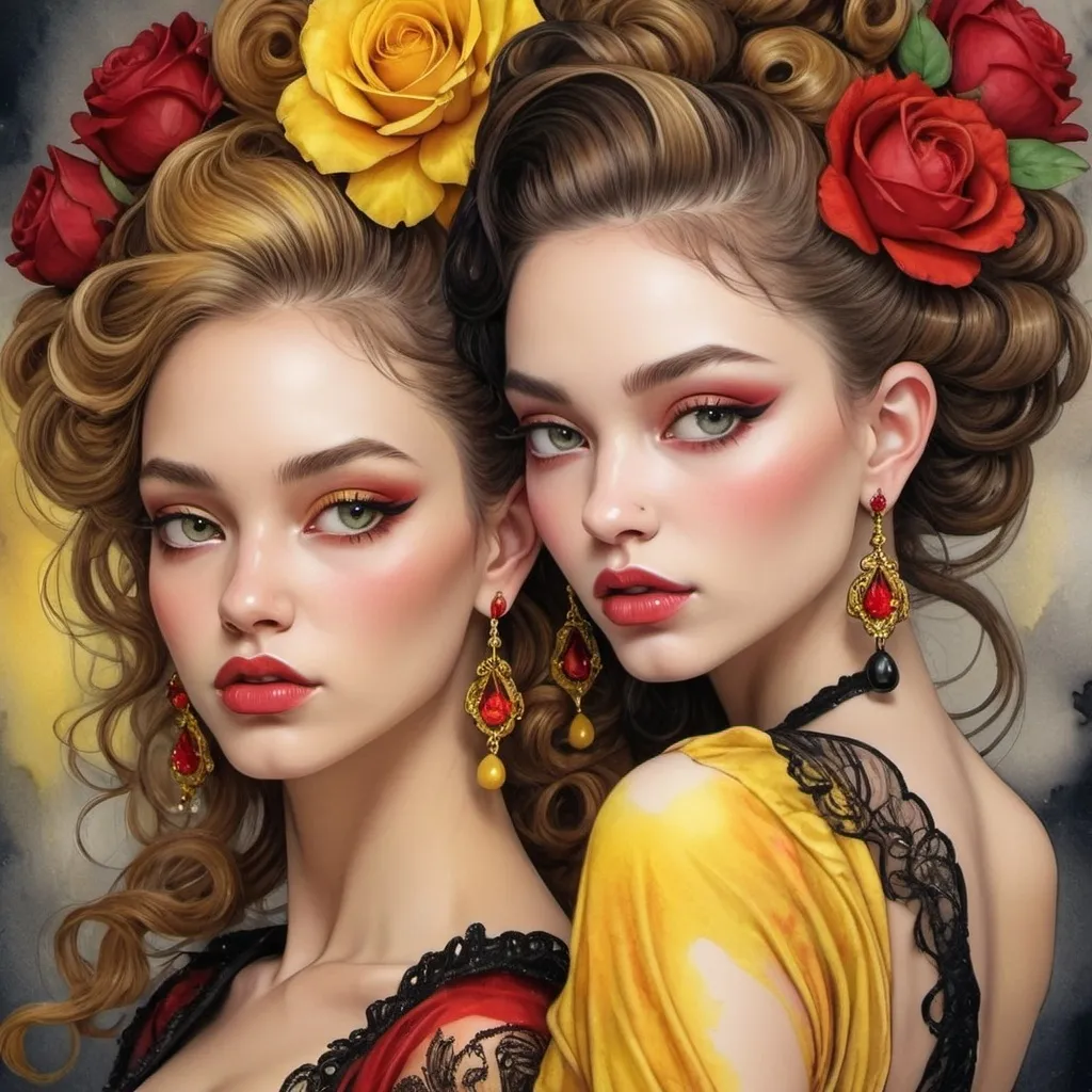 Prompt: <mymodel> beautiful woman, hair pinned up, yellow red black dress, earrings, Watercolor, trending on artstation, sharp focus, studio photo, intricate details, highly detailed, by  Josephine Wall and Jasmine Becket-Griffith