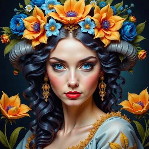 Prompt: a woman with horns and flowers on her head is wearing a crown of flowers and blue eyes and a blue dress, Anne Stokes, fantasy art, highly detailed digital painting, a detailed painting