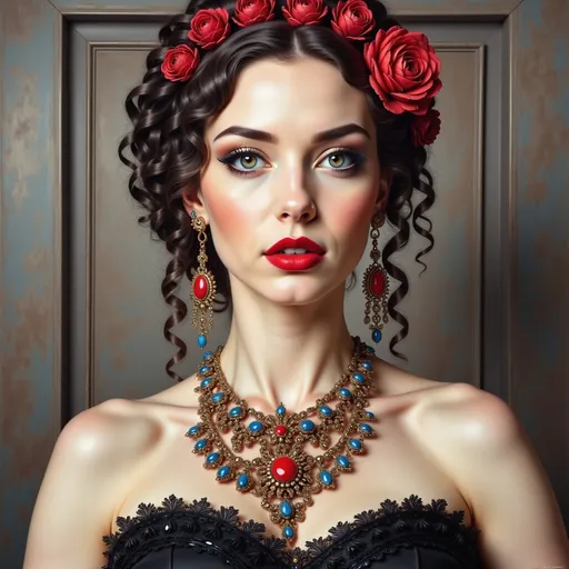 Prompt: a woman with a necklace and earrings on her neck and a red lip and a black dress on her chest, Edwin Georgi, gothic art, highly detailed digital painting, a photorealistic painting