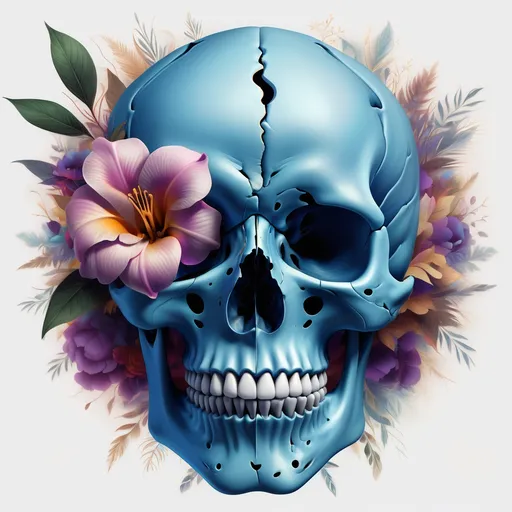 Prompt: This is a digital illustration in a vibrant, semi-realistic style. The central subject is a detailed, blue-colored human skull, with a smooth texture and realistic shading that highlights the contours of the bones. The skull's eye sockets are dark and empty, and the nasal cavity is centrally positioned, creating a symmetrical appearance. A prominent feature is the bright pink, five-petaled flower with a dark purple center, positioned on the left side of the skull's forehead. The flower has two green leaves attached to its stem, adding a touch of natural contrast to the skeletal subject. The background is a splatter of pink and purple watercolor droplets and splashes, giving the image a dynamic and lively feel. The skull's teeth are white and well-defined, and there is a subtle crack visible in the upper part of the skull, adding an element of texture and realism. The overall composition is balanced, with the skull centered and the flower and splatters providing a colorful, artistic backdrop. The use of color and texture creates a striking and memorable image that blends elements of realism and abstract art.