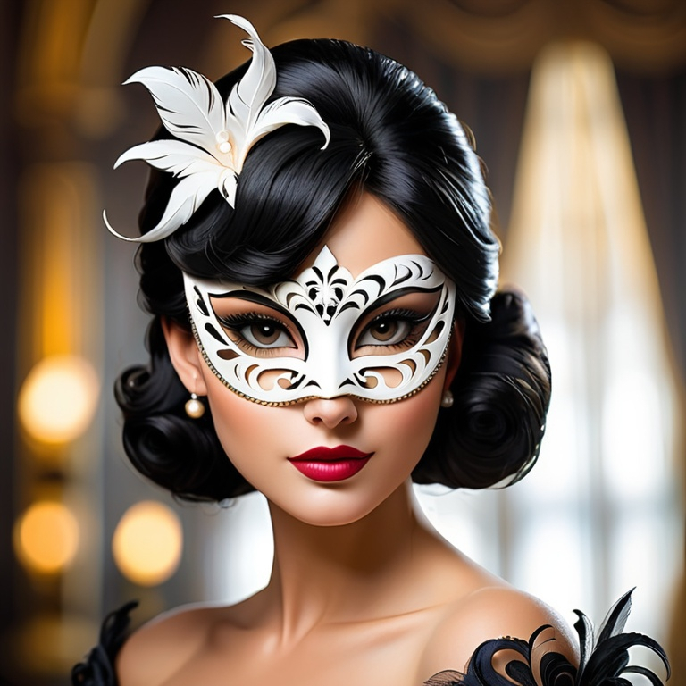 Prompt: white masquerade mask worn by an elegant lady with black hair, facial closeup