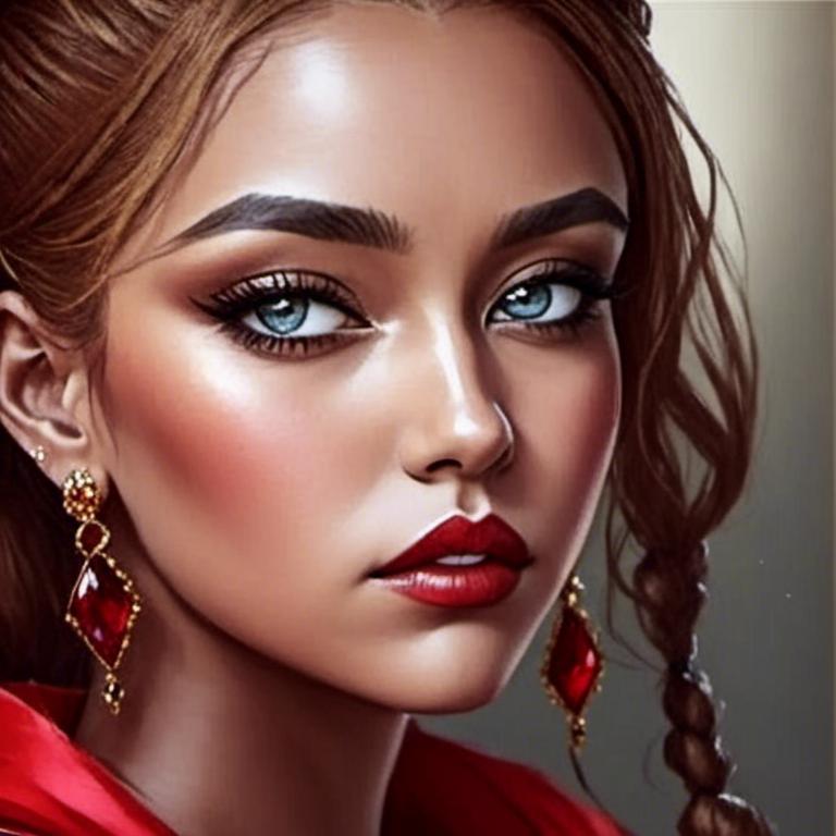 Prompt: A lady in red, blue eyes, Auburn hair, facial closeup<mymodel>