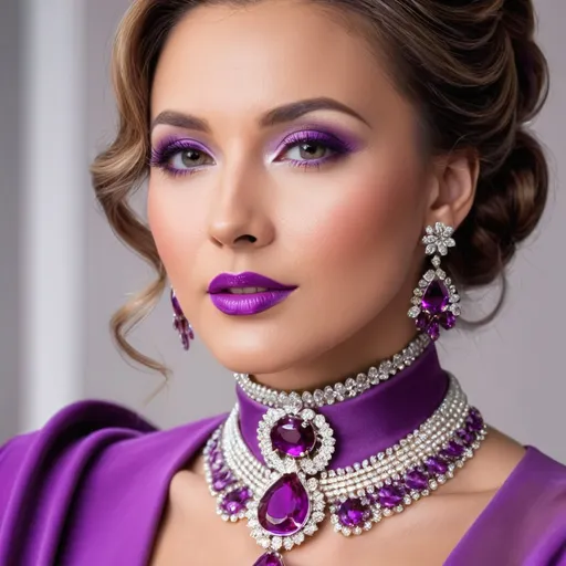 Prompt: lady in purple high class attire, facial closeup