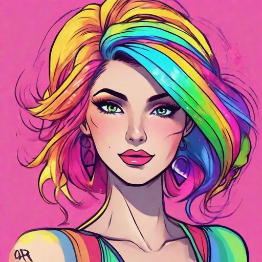 Prompt: pretty woman, rainbow hair, beautiful makeup,facial closeup, cartoon style