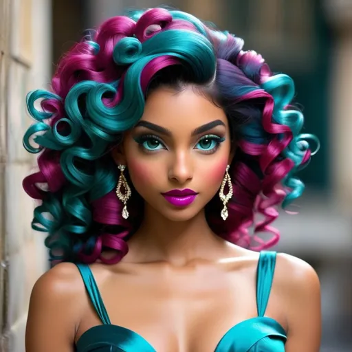 Prompt: <mymodel>A beautiful woman,long curly hair pinned back, adorned in colors of teal blue and magenta